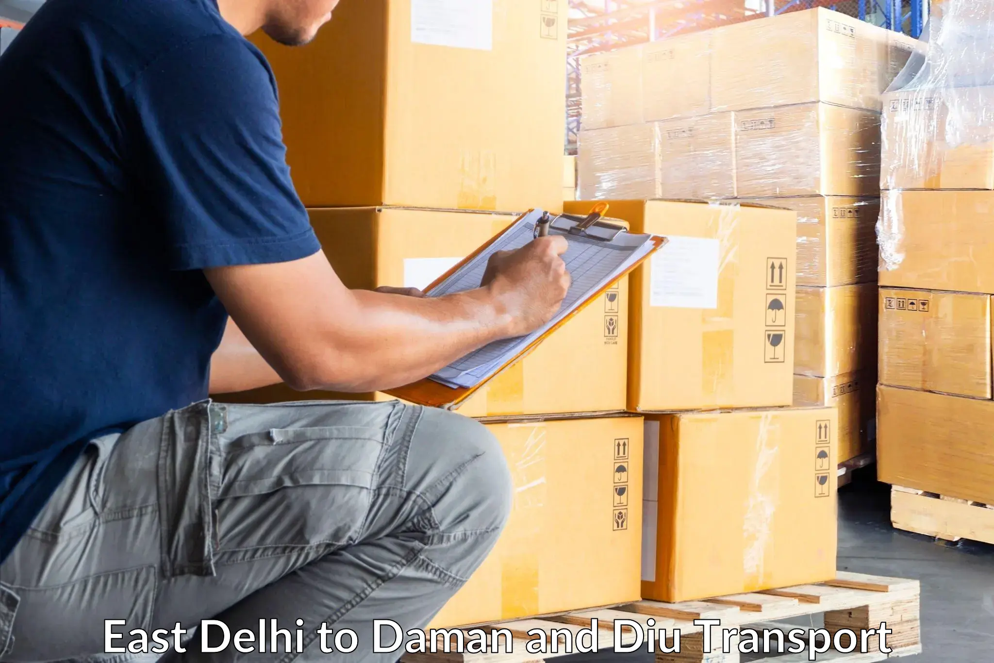 Container transport service East Delhi to Daman